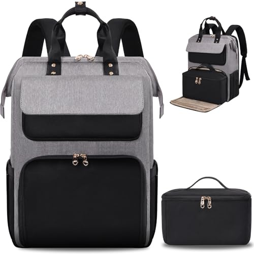 BERTASCHE Sac à dos déjeuner pour ordinateur portable pour femme de 15,6 avec sac isotherme - Sac à dos de travail 2 en 1 pour femme/travail/affaire/voyage/enseignant/école/université, noir et gris