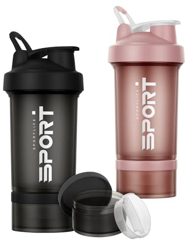 Alaoo Protein Shaker Bottle, 2Pcs Shaker Protein Shakes with Mix Ball Pill Organizer and Storage, Sports Water Bottle for Sports People Fitness Enthusiasts in Gym and Outdoor, Black and Pink