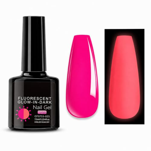 Glow in the Dark Nail Polish, Hot Pink Neon Gel Nail Polish, Fluorescent UV LED Soak Off Gel Polish, Bright Luminous Nail Varnish for At Home Manicure, 7.5ml