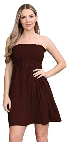 janisramone® Womens Bandeau Dress, Boob Tube Sheering Ruched Flared Mini Dress, Plain Strapless Summer Dresses, Perfect Holiday & Beach Dresses for Women UK Brown