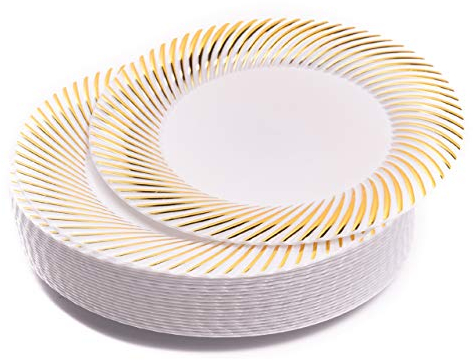 MATANA 20 Weiße Dessertteller aus Kunststoff mit Goldrand für Hochzeiten, Geburtstage, Weihnachten & Partys, 18cm - Mehrweg & Stabil