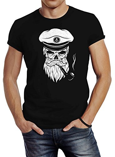 Neverless Herren T-Shirt Totenkopf Kapitän Captain Skull Bard Hipster Original Spirit Seemann Slim Fit Schwarz 5XL