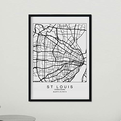 Nacnic Poster mit Karte von St. Louis. Entspannen Sie sich in den Vereinigten Staaten mit Bildern von Karten und Straßen der Hauptstädte der Vereinigten Staaten. A4-Größe mit Rahmen