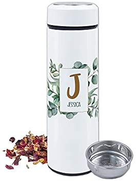 GRAZDesign Teeflasche mit Sieb to go, Thermobecher personalisiert mit Namen, Teebecher Teekanne mit Siebeinsatz, Thermosflasche Edelstahl 500ml Motiv Eukalyptus
