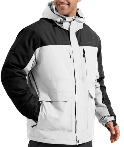 FREE SOLDIER Wasserdichte Skijacke für Herren, mit Fleece gefüttert, warmer Winter-Schneemantel mit Kapuze, vollständig versiegelte Nähte (Weiß, Schwarz, Größe L)