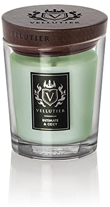 Vellutier Duftkerze Intimate & Cozy, Verpackt in Hochwertigem Glas mit einem Holzdeckel, Duftkombination von Vanille, Sandelholz, Ylang Ylang und Pfingstrosen, 11,5 x 9 cm, Mittel, 225g
