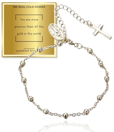 HALUKAKAH 18K Real Gold Plated Italian Rosary Cross Bead Charm Link Chain Bracelet,Sterling Silver Bracelet for Women,Adjustable Length,Religious Catholic Gift for Mom,Daughter,Friends,Wife
