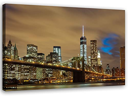 Feeby Vlies Leinwandbild XXL NY Brooklyn-Brücke USA 120x80 cm Wandbild Kunst Bilder Schlafzimmer Deko Wohnzimmer Skyline Wolkenkratzer Manhattan bei Nacht New York City Braun