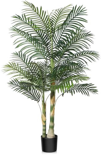 Kazeila Artificial Golden Cane Palm Silk Tree, 5FT Fake Tropical Palm Plant, Pre Potted Faux Greenry Plant for Home Decor Office House Living Room Indoor Outdoor
