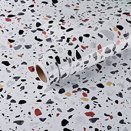 VEELIKE Klebefolie Arbeitsplatte Küche Terrazzo 60cm x 900cm Granit Tapete Selbstklebend Folie Küchenrückwand Küchentapete Wand Abwaschbar Wandtapete Badezimmer Wasserfest Mamorfolie Weiß Wohnzimmer