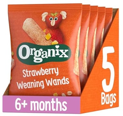 Organix Strawberry Weaning Wands, Organic Baby Snack, 25 g (Pack of 5) | Healthy Organic Snack, for 6+ Months, Vegetarian & Vegan Friendly, No Artificial Colours or Flavours
