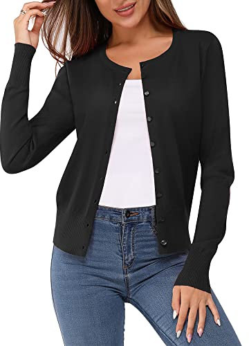VOTEPRETTY Black Cardigans for Women UK Lightweight Ladies Sweater Jumper Knit Shrugs(Black,L)