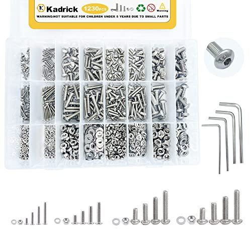 Kadrick 304 Stainless Steel Screws,1230 Pcs M2 M3 M4 M5 Metric Screw Aassortment,4mm-20mm Hex Socket Button Head Cap Bolts Nuts Washers Kit with 4 Hex Wrenches
