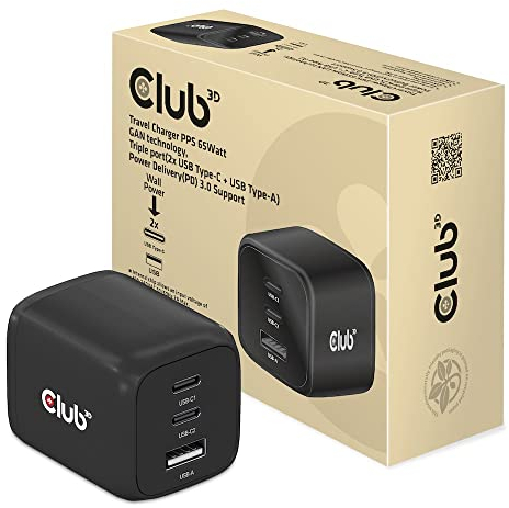 Club3D Reiseladegerät CAC-1913EU PPS 65Watt GAN-Technologie, Dreifachanschluss (2X USB Typ-C + USB Typ-A) Power Delivery (PD) 3.0 Unterstützung