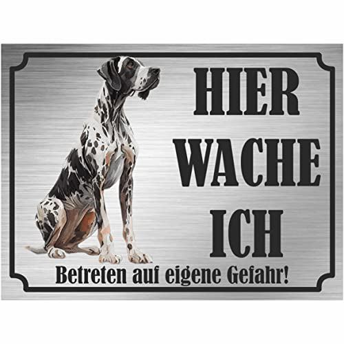 INDIGOS UG - Deutsche Dogge - Schild bedruckt - Hier wache ich - Aluverbundplatte Edelstahl Look - ab 20x15 cm - Spruch - Deko Geschenkidee für Ihren Hund - Zaun - Türschild