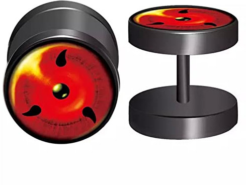 CHICNET Fake Plug Piercing Ohrstecker Ohrring Edelstahl schwarz rot, Schraubverschluss, 10mm rund, Stift 6mm x 1.2mm, Sharingan Auge Naruto Anime Manga Cosplay Damen Herren Sharingan