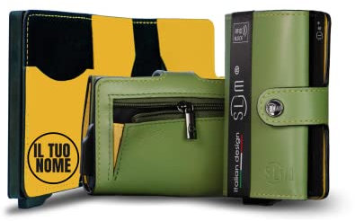 SLim Portafoglio Personalizzabile Porta Carte di Credito Schermato Portacarte Anticlonazione Uomo Donna Personalizzabile (Verde Pistacchio e Giallo con Zip)