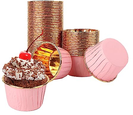 Encuryna 100 Stück Papier Muffinförmchen, Einweg Aluminiumfolie Papierbackförmchen Cupcake Liners, Cupcake Förmchen für Muffin Kuchen Pudding Dessert Party Hochzeiten Geburtstag Dekor (3# Rosa)