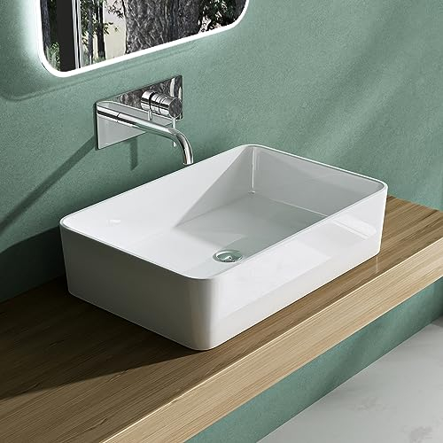 Mai & Mai Lavabo sobre Encimera Lavabo Baño | Rectangular | Blanco Brillante | Mármol Fundido | 60x40x15cm | sin Orificio para Grifo sin Rebosadero | Colossum102