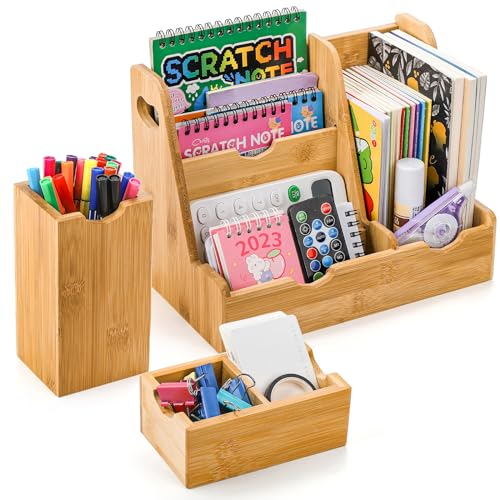 Elsjoy 3 Teiliges Bambus Schreibtisch Organizer Set mit Stifthalter, Holz Schreibtisch Organizer, Stiftebox Tisch Organizer, Stiftehalter Schreibtisch,Büro Schreibtischzubehör