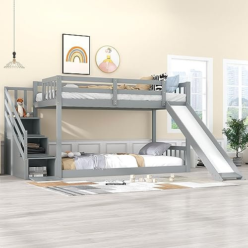KecDuey Etagenbett 90x200cm mit Treppe und Rutsche, Kinder Holzbett Rahmen aus massivem Kiefernholz, Kinderbett mit 3 Schubladen in der Treppe (Grau)