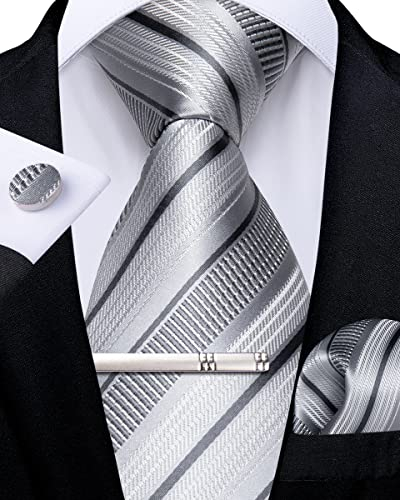 DiBanGu Silber Gestreift Krawatte für Männer Formelle Hochzeit Seiden Krawatte und Einstecktuch Manschettenknöpfe Krawattenklammer Geschenkbox-Set