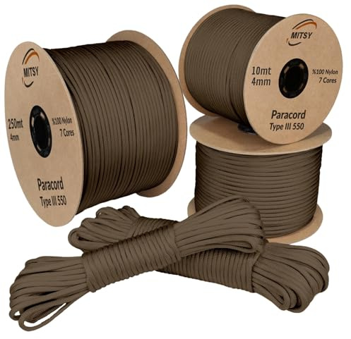 MITSY Paracord 550 Typ III Nylon Schnur 4 mm 10 Meter Hellkhaki | Fallschirmschnur, 7 Kern Seil, Reißfest & Wetterfest, Allzweckseil für Camping, Outdoor & Survival, 10m, 25m, 50m, 100m, 250m
