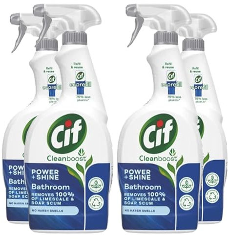 Cif Cleanboost Power & Shine Bathroom Spray 100% soap scum & limescale removal for cleaning ceramic, chrome, enamel, plastic, and stainless-steel surfaces 700 ml Bulk Buy (4)