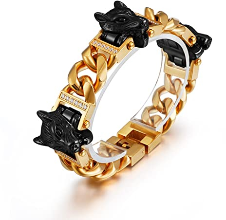 Wycian Männer Armband, Männer Armband Wolf Edelstahl Wolfskopf Breit 15mm Lang 20.5cm Goldschwarz Kettenarmband für Jubiläum Geburtstag