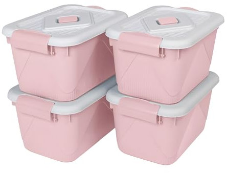 Aoki Box Lot de 4 Boites Rangements plastique avec couvercle, 15L, Rose -Clips de Fermeture, Poignée, Empilable, Portable, Solide & Durable, pour Dressing, Garage, Chambre, Bureau