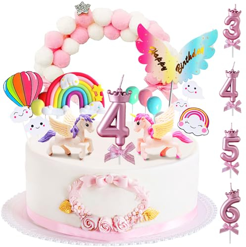 YOUYIKE Einhorn Tortendeko, Kuchen Topper Mädchen Inklusive Geburtstagskerzen 3/4/5/6 Jahr, Einhorn Deko Kindergeburtstag, Regenbogen Deko Torte, Einhorn Figuren Cake Topper