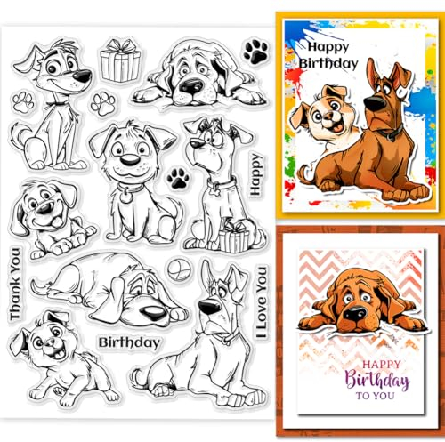 GLOBLELAND Klare Stamps Mit Cartoon Hund Zum Gestalten von Karten 5.83x8.27 Zoll Silikonstempel Mit Geburtstagsmotiven Und Hunden Transparente Stempel Für DIY Scrapbooking