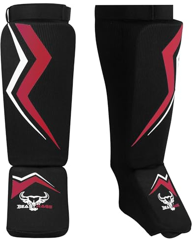 BEAST RAGE Schienbeinschoner für Kickboxen, Spannschutzpolster für Muay Thai MMA Training, Kampfsportboxen, elastisch gepolsterter Bein-/Fußschutz für Karate BJJ Taekwondo-Ausrüstung ROT, L XL