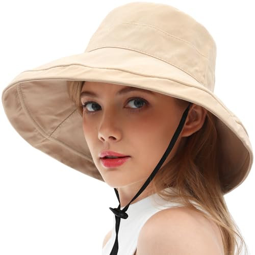 Sonnenhut für Damen, 100 % Baumwolle, breite Krempe, Gartenarbeit, Fischerhut, Reise, Sonnenschutz, verstaubar, Strandhut, faltbare Krempe, Pure Beige, 5