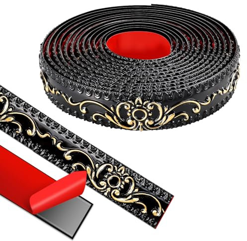 Wandleisten Selbstklebend, Deckenleisten Selbstklebend, 3D Deckenleisten Styropor füR Spiegelkanten, MöBel, TüRrahmen, Decken, Wohndekoration (Schwarzer mit Gold, 600cm*3.6cm)