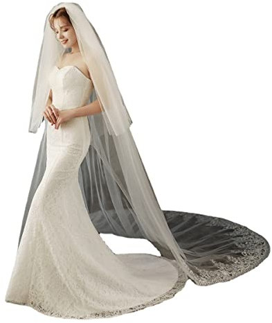 XIUWOUG 118 Double Layer Ivory/White Long Floor Bride Wedding Veil 2 Tier Cathedral Veil Long Veils for Brides Soft Tulle Bridal Veils with Comb Chapel Length Accessory,White