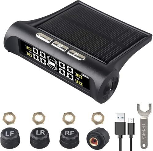 POFET Moniteur de Pression des pneus de Voiture, Affichage de détecteur à 4 Roues, système de Surveillance Solaire TPMS, Alarme de Voiture sans Fil Universelle, pour remorque RV