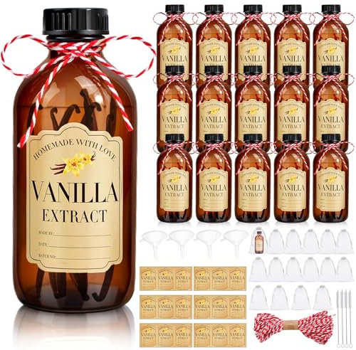 16Pcs 8 oz Amber Glass Bottle Boston Round Multi-Purpose Bottles for Vanilla Extract Homemade,Brown Vanilla Extract Bottles with Caps for Syrup Gift Glass Food Storage Canister and Sauce Beans