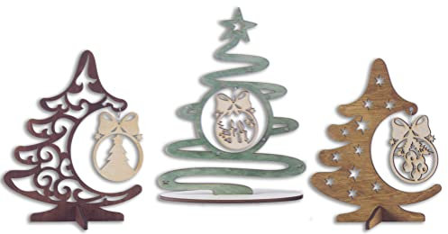Mini Christmas Trees Tabletop Decor - 3 Wooden Xmas Pines with Ornaments for Table Decorations. Pine Spruce and Fir Wood Painted Cutouts for Holiday Home Decoration. Small Winter Vintage Display Set