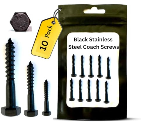 M6 x 60mm Black Stainless Steel Coach Screws – Heavy Duty Hex Head Fixing Bolts for Wood, Masonry, Brick, Concrete & TV Wall Mounting – 10 Pack