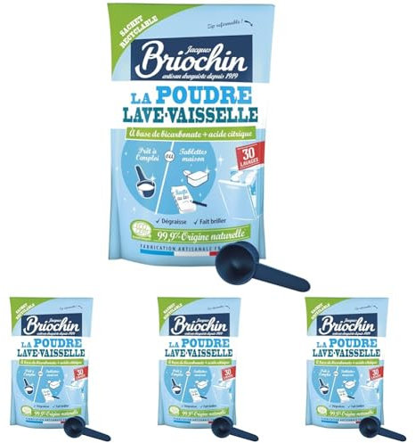 JACQUES BRIOCHIN - Poudre lave-vaisselle - Facile à doser - Dégraisse et fait briller - 30 lavages - A base de bicarbonate et d'acide citrique - 99% d'origine naturelle - Fabriqué en France - 500g