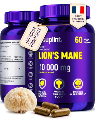 Lions Mane Mushroom Capsules 10,000 mg – High Strength – 60 Vegan Capsules | 10:1 Hericium Erinaceus Extract – Lions Mane Supplement – Lab Tested with Certificate – 2 Capsules Daily, 30-Day Supply
