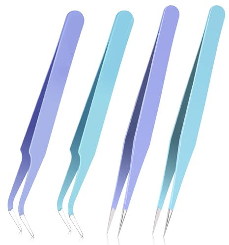 Dimeho 4 Pcs Aufkleber Pinzette, Edelstahl Gerade und Gebogene Spitze Pinzette Zange Wimpern Pinzette Niedlich Handwerk Pinzette Kit für Basteln, Aufkleber, Wimpern Erweiterungen, Schmuck Machen