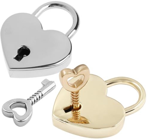 EORPAVU Lucchetto a chiave Mini Lucchetto a forma di cuore decorato, 2 pezzi, regali per donne e uomini, lucchetto d'amore, decorazione chiave (oro e argento)