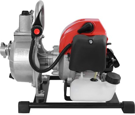 JAUEUW Benzin Wasserförderpumpe 2-Takt Einzylinder Motorpumpe Gartenpumpe Tragbare Wasserpumpe 1L Kraftstofftank 2m Einlassrohr Luftgekühlt Wassertransferpumpe Bewässerungspumpe10m³/h (Silber)
