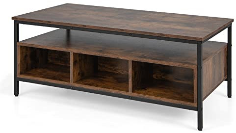 LIFEZEAL Couchtisch Industrie-Design, Sofatisch mit 3 Ebenen, Wohnzimmertisch mit Aufbewahrung, 6 Fächer, 2 Regale, Einfache Aufbau, Braun, 110 x 60 x 45 cm