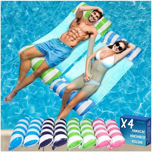 X4 Hamaca Piscina Flotante o Colchoneta Rejilla Piscina. Tamaño para Adultos. Hinchables y Flotadores 4 En 1 De Uso Múltiple para Natación, Estirar, Descanso, Diversión. (4 Pack)