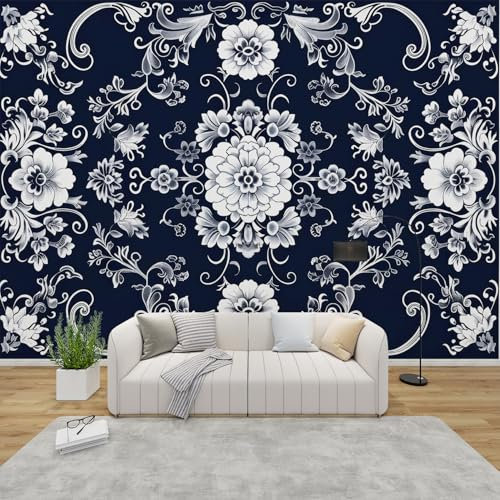 QEODAH Blue and White Florals Wallpaper for Living Room, Oriental Wall Art for Bedroom, Boho Traditional Wall Murals for Bedrooms, Renter Friendly Removable Waterproof Photo Wallpaper 3D, 100x70 cm