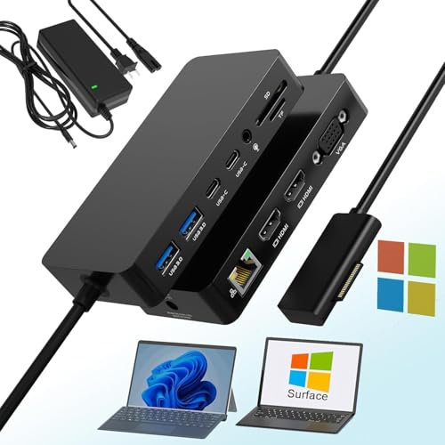 Microsoft Surface Pro Docking Station Triple Display Dual HDMI+VGA, 12 in 1 Surface Dock with Ethernet SD/TF Audio 4*USB, Dock for Surface pro 10/9/8/X/7/6/5/4, Surface Laptop 6/5/4/3/2, Surface Book