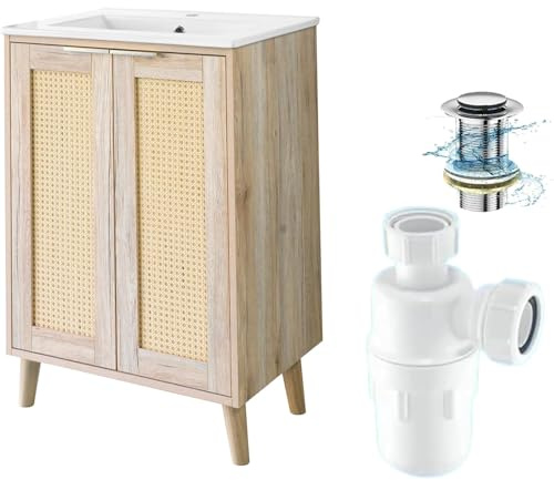 BELOFAY Vanity Unit With Basin | 600mm Bathroom Vanity Units With Basin | Floor Standing Slim Design | With 1 Tap Hole Ceramic Bathroom Sink, Trap & Waste, Tap not included | Franklin Brown